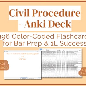 May include: Digital flashcards for Civil Procedure, labeled "Anki Deck." The image shows 396 color-coded flashcards for bar exam preparation and 1L success. The image includes a preview of the flashcards and the words "Color Version" and "Digital Download."