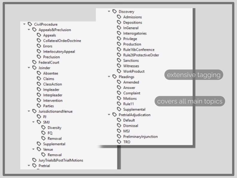 May include: Diagram of legal topics, including Civil Procedure, Discovery, and Pretrial Adjudication. The image shows a hierarchical list with extensive tagging and covers all main topics.
