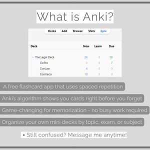 May include: A screenshot of the Anki flashcard app interface. The screen displays a list of decks, including "The Legal Deck," "CivPro," "ConLaw," and "Contracts." The app's features are described with bullet points, including spaced repetition and memorization.