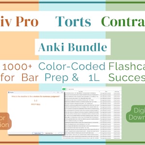 May include: Anki Bundle for law students, featuring color-coded flashcards for Civil Procedure, Torts, and Contracts. The image includes the text "1000+ Color-Coded Flashcards for Bar Prep & 1L Success" and "Digital Download."
