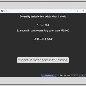 May include: A computer screen displays text about diversity jurisdiction, including the requirements for its existence: an unspecified condition and an amount in controversy exceeding $75,000. The screen also states that it works in light and dark mode.