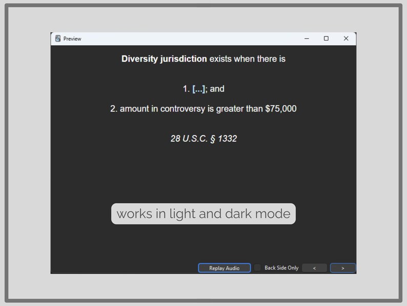 May include: A computer screen displays text about diversity jurisdiction, including the requirements for its existence: an unspecified condition and an amount in controversy exceeding $75,000. The screen also states that it works in light and dark mode.