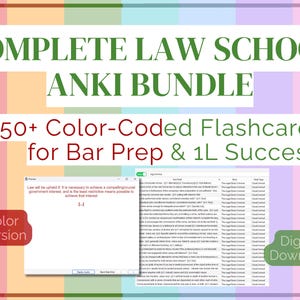 May include: A digital bundle of 650+ color-coded flashcards for law school and bar prep. The image features the text COMPLETE LAW SCHOOL ANKI BUNDLE and 650+ Color-Coded Flashcards for Bar Prep & 1L Success, with a preview of the software interface.