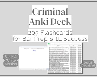 Criminal Law Anki Flashcards (205 Notes) – Bar Exam and Law School Prep | Black & White Version