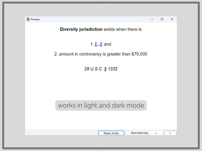 May include: Screenshot of a digital document explaining diversity jurisdiction. The text includes the conditions for diversity jurisdiction, referencing the amount in controversy exceeding $75,000 and citing 28 U.S.C. &sect; 1332. The document also states it works in light and dark mode.