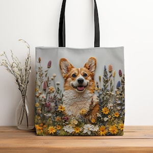 Corgi Tote Bag, Flower Art Dog Tote, Dog Lovers Travel Bag, Nature Inspired Shoulder Bag, Dog Gear Bag, Spring Carryall Tote, Gift Idea
