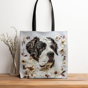 Saint Bernard Flower Tote Bag, St Bernard Dog Art Lover Tote Bag, Black and White Berner Dog, Animal Lover Accessory, Dog Mom Gift