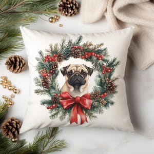 Pug Christmas Pillow Cover, Holiday Wreath Dog Pillowcase, Festive Dog Throw Pillow, Seasonal Pet Decor, Pug Lover Gift, Winter Dog Decor
