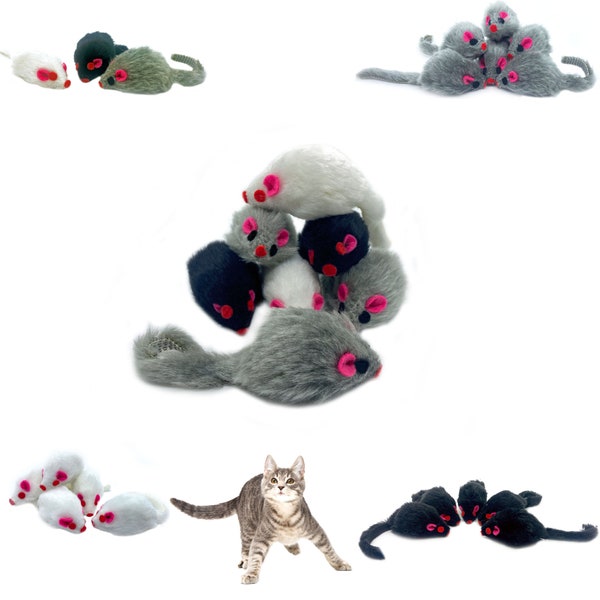 Eco Friendly Fur Cat Toy Rattle Mice 2inch Black, White or Gray Teaser Toy Mouse Package
