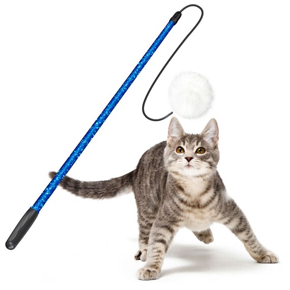 Designer Blue Sparkle Cat Teaser Wand White Rabbit Fur Pom Etsy