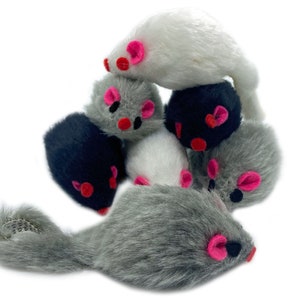 Eco Friendly Fur Cat Toy Rattle Mice 2inch Black, White or Gray Teaser Toy Mouse Package. Earth Friendly Fun for your Cat and Kitten.