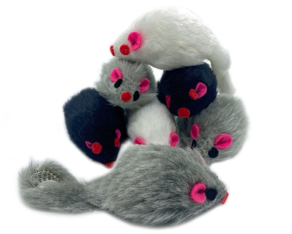 Eco Friendly Plush Fur Cat Toy Mice: Black, White, Gray Rattle Teaser