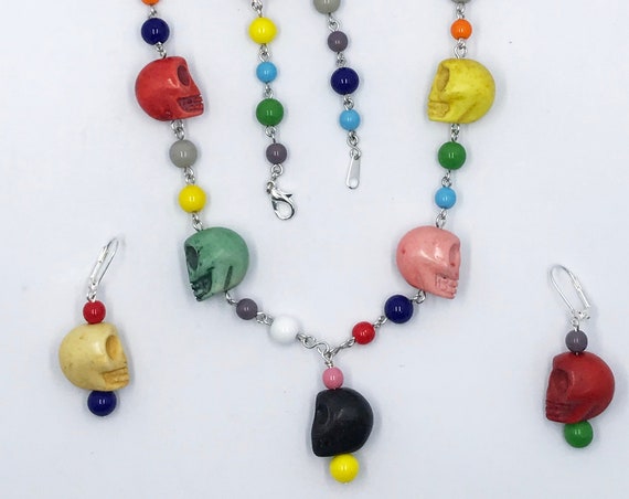 25" multi-colored skull necklace and earrings set