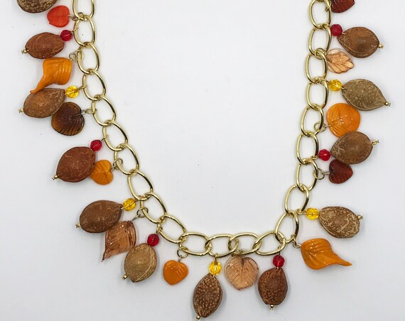 21" fall leaves necklace with vintage nut beads