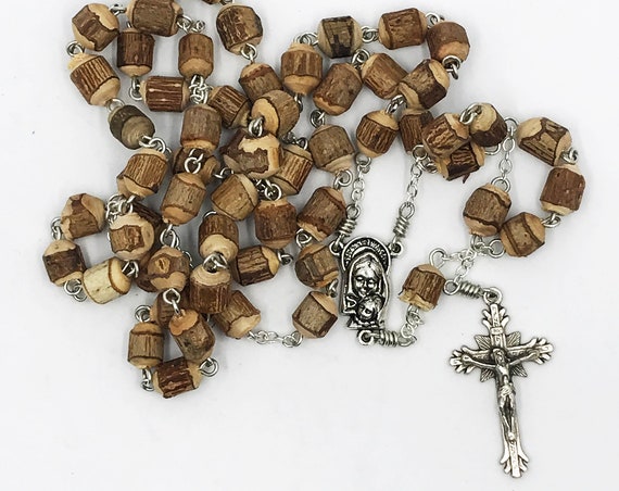 9mm Coconut shell bead rosary with Madonna and Child center and sunburst crucifix