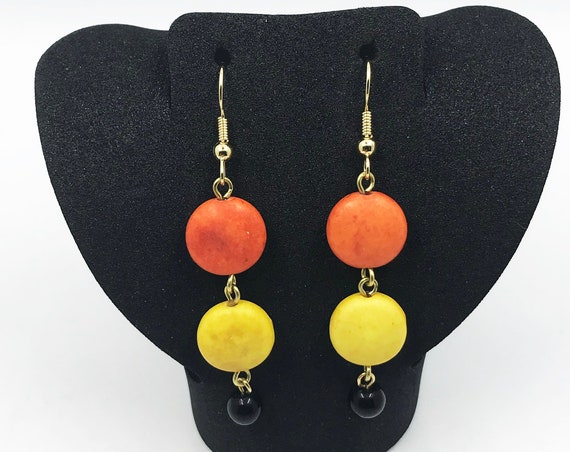 Howlite orange and yellow coins with black bead earrings