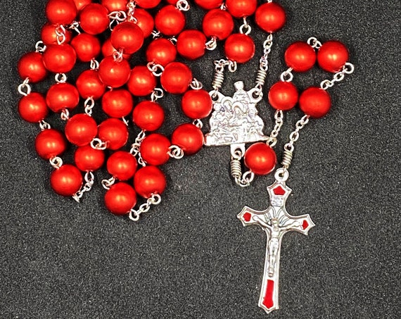 25" red pearl bead rosary with nativity center and red enamel inlay crucifix