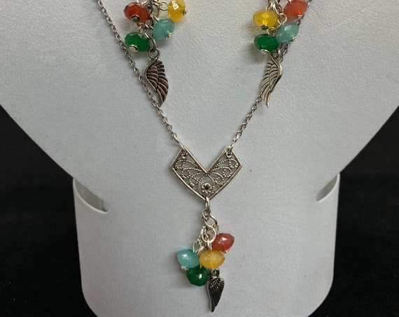 20" multi color bead and feather necklace and earring set
