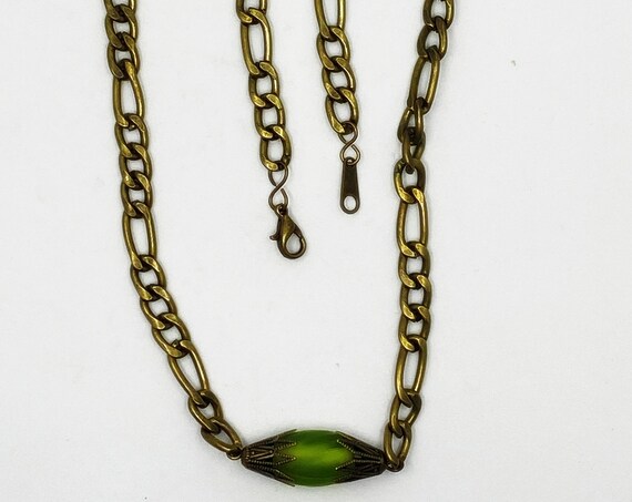 19" frosted green bead and brass chain necklace