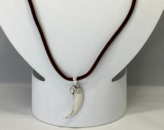 18" pewter talon on brown cord necklace