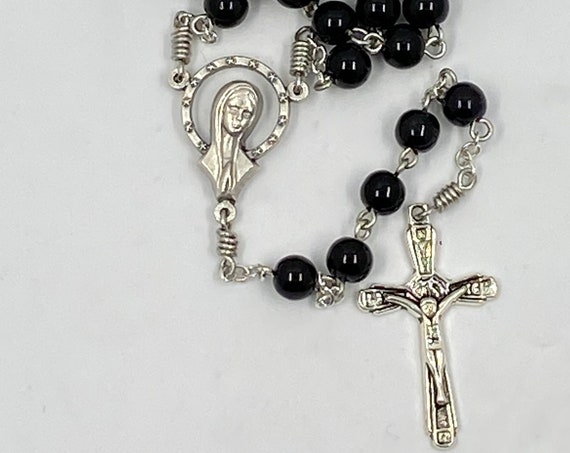19.5" black bead rosary with Madonna/Sacred Heart center
