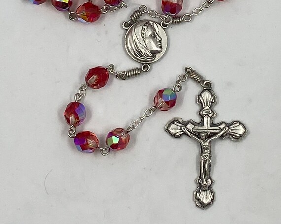 23.5" red fire polished glass bead rosary with Madonna center