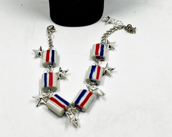 Patriotic red, white, blue bracelet earring set