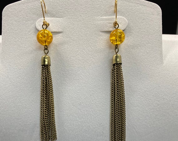 Gold chain tassel and honey bead earrings