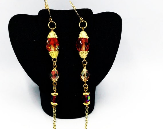 26" orange, apricot and red glass bead necklace and earring set
