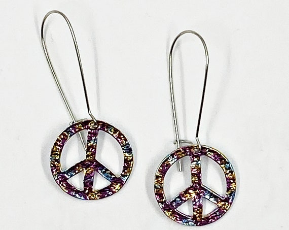 Rainbow plated peace sign dangle earrings