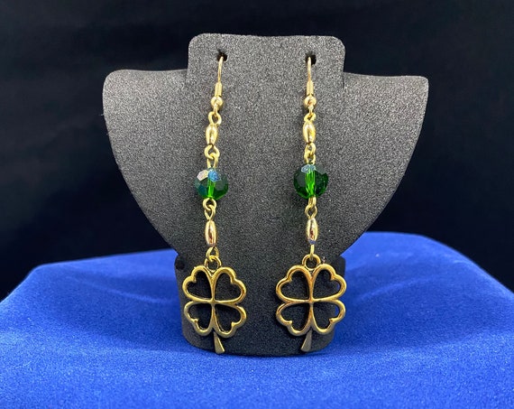 Gold and green four leaf clover earrings