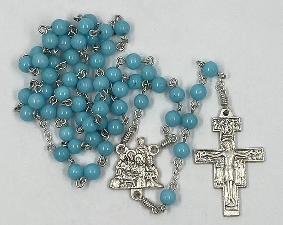 6mm light blue bead rosary with Nativity center and San Damiano crucifix