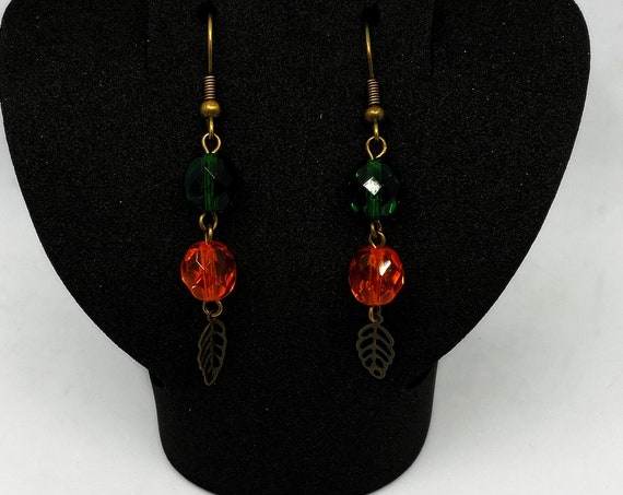 Green and orange fall leaf earrings