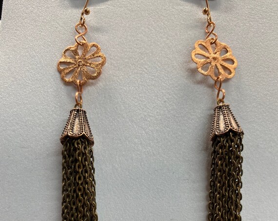 Copper flower and brass chain tassel earrings