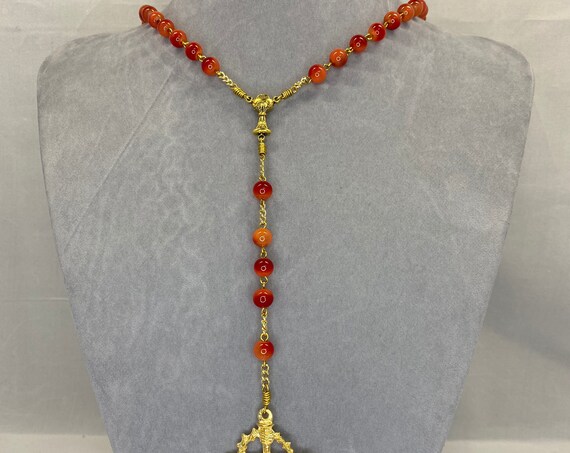 22.5" red agate bead rosary with gold chalice center and crown of thorns and nails crucifix