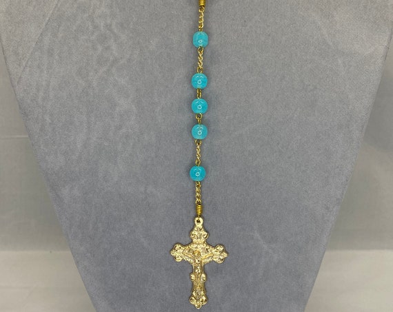 22.5" teal glass bead rosary with chalice center and fancy crucifix
