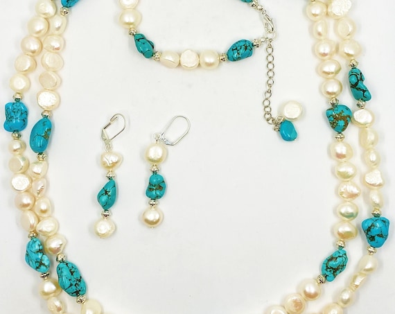 Turquoise, pearl, and silver ensemble set