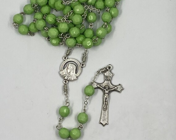 23" green faceted bead rosary with Madonna/Sacred Heart center