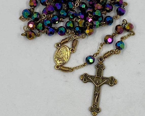 20.5" dark vitrial bead rosary with Madonna/Sacred Heart center