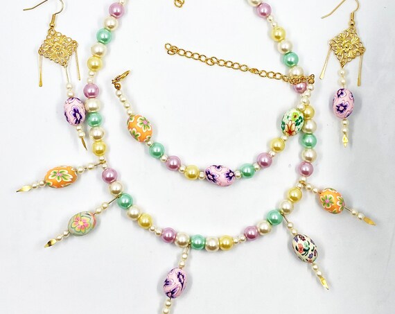 Pastel pearl necklace, bracelet, earring set