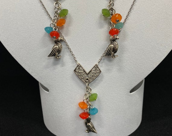20" bird with colorful drops necklace and earring set