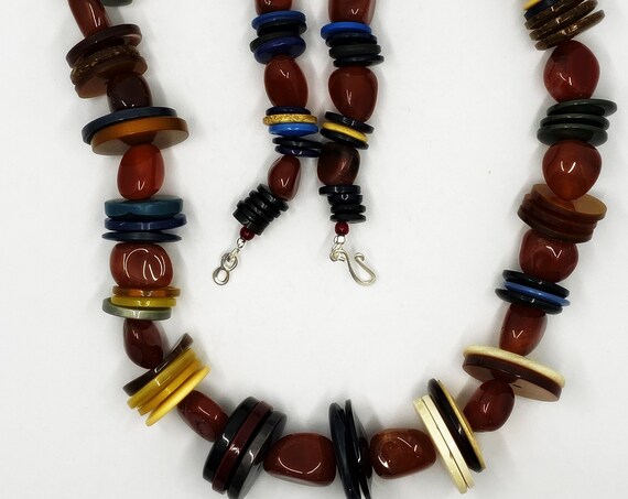 27" red agate and button necklace