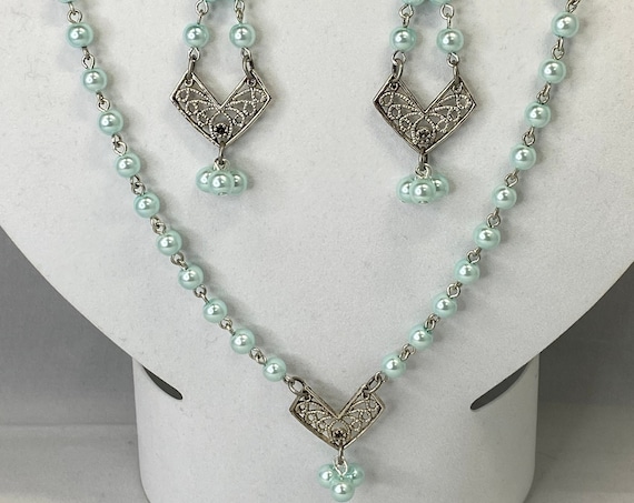 24" turquoise pearl necklace earring set