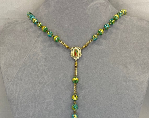 22.5" turquoise and gold bead rosary with Our Lady of Guadalupe enamel center crucifix set