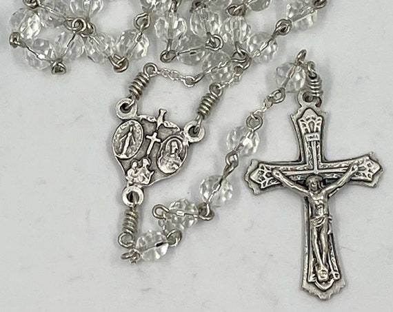 20" clear crystal bead rosary with Trinity center