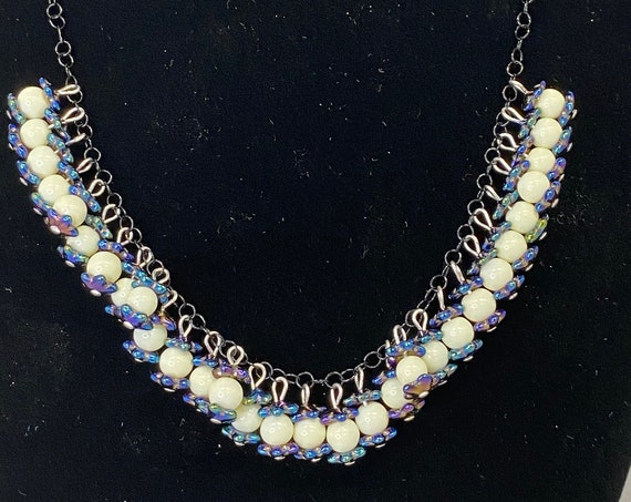19" rainbow iris flowers and white bead necklace