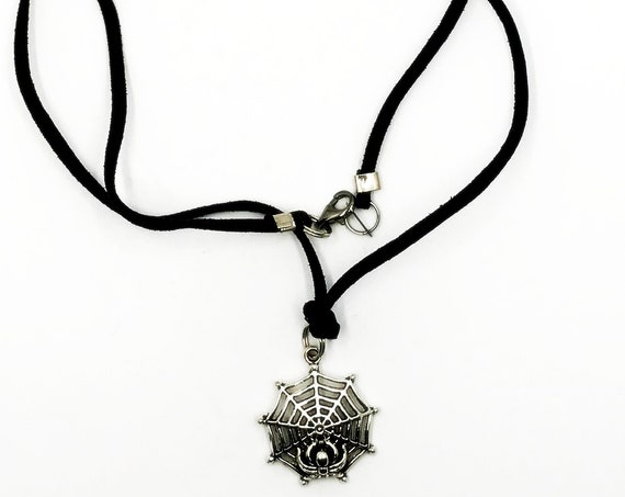 27" spider web pendant on black leather cord necklace