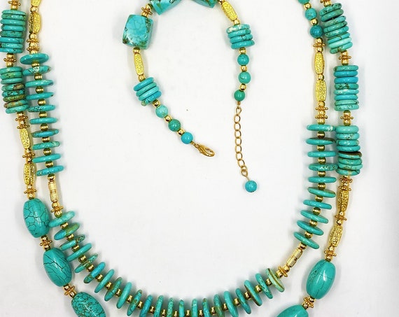 25" double strand turquoise and gold necklace and bracelet set