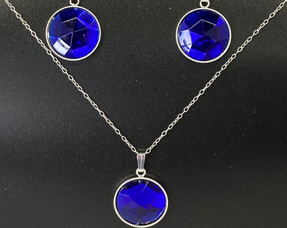 20" blue round faceted drop necklace and earring set in silver or brass