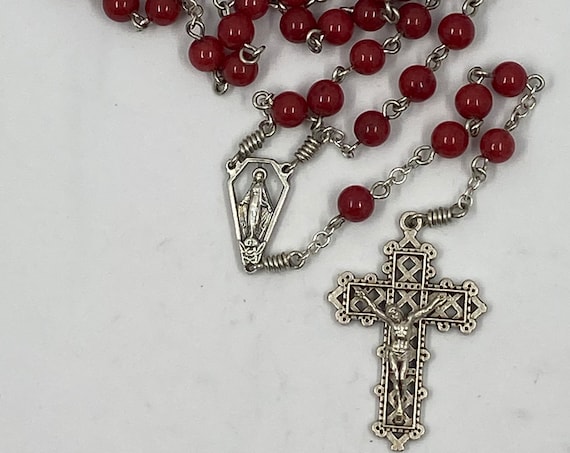 20" red bead rosary with Immaculate Heart center
